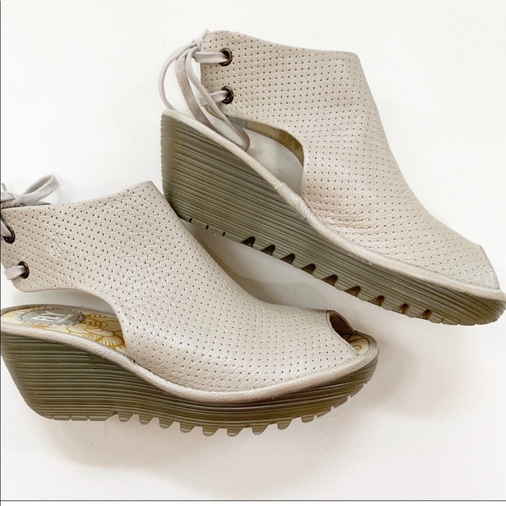 Fly london Metallic Silver Leather Peep-toe Wedges